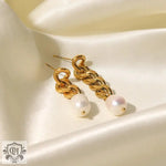 18K Gold Plated Asymmetric Chain Earrings with Pearl Accents - QH Clothing