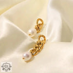 18K Gold Plated Asymmetric Chain Earrings with Pearl Accents - QH Clothing