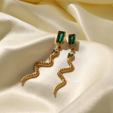 18k Gold Rectangle Zircon Snake Dangle Earrings - QH Clothing