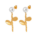 18K gold retro fashion flower with pearl design light luxury style earrings - QH Clothing