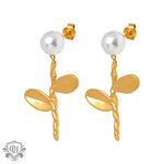 18K gold retro fashion flower with pearl design light luxury style earrings - QH Clothing