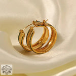 18K Gold Ripple Inlaid Zircon Earrings featuring green accents and elegant hoop design