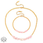 18K Gold Rose Quartz Pendant Necklace & Bracelet - QH Clothing