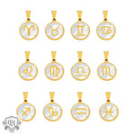 Gold-trimmed zodiac sign pendants displayed in an 18K gold round pendant collection