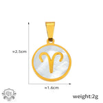 Gold Aries zodiac pendant on an 18K gold round pendant showcasing all 12 zodiac signs