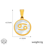 Gold-tone Cancer zodiac pendant on an 18K gold round pendant with 12 zodiac signs