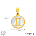 Gold Gemini zodiac pendant on 18K gold round pendant featuring 12 zodiac signs