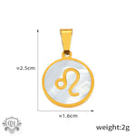 Gold Leo zodiac pendant on an 18K gold round pendant featuring 12 zodiac signs