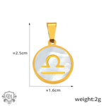 Gold-toned Libra zodiac pendant on an 18K gold round pendant showcasing zodiac signs