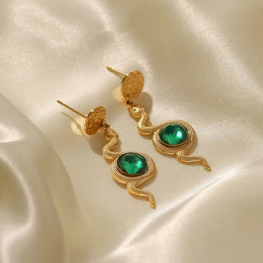 18k Gold Snake Green Zircon Earrings - QH Clothing
