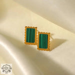 18K Gold Square Earrings with Green/White Inlay - QH Clothing