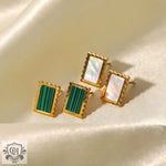 18K Gold Square Earrings with Green/White Inlay - QH Clothing