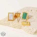 18K Gold Square Earrings with Green/White Inlay - QH Clothing