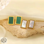 18K Gold Square Earrings with Green/White Inlay - QH Clothing