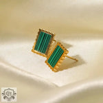 18K Gold Square Earrings with Green/White Inlay - QH Clothing