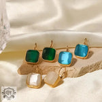 18K Gold Square Opal Drop Earrings featuring square gemstone earrings with gold settings