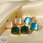 18K Gold Square Opal Drop Earrings featuring elegant square gemstone design with gold trim