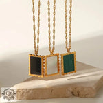 18K Gold Square Pendant Necklace with Inlaid Shell - QH Clothing