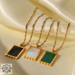 18K Gold Square Pendant Necklace with Inlaid Shell - QH Clothing