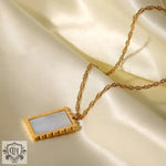 18K Gold Square Pendant Necklace with Inlaid Shell - QH Clothing