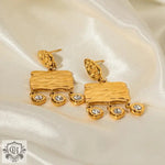 18K Gold Square Plate Earrings with Zircon Tassel Pendants - QH Clothing