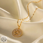 18K Gold Sun Pendant Necklace with Zircon Inlay - QH Clothing