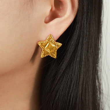 18k gold trendy fashion stars with textured design light luxury style earrings - QH Clothing