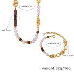 18k gold light luxury retro tiger eye stone with pearl beading design palace style necklace and bracelet set - QH Clothing