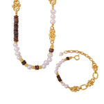 18k gold light luxury retro tiger eye stone with pearl beading design palace style necklace and bracelet set - QH Clothing