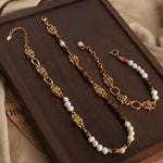 18k gold light luxury retro tiger eye stone with pearl beading design palace style necklace and bracelet set - QH Clothing