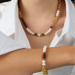 18k gold light luxury retro tiger eye stone with pearl beading design palace style necklace and bracelet set - QH Clothing