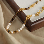 18k gold light luxury retro tiger eye stone with pearl beading design palace style necklace and bracelet set - QH Clothing