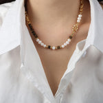 18k gold light luxury retro tiger eye stone with pearl beading design palace style necklace and bracelet set - QH Clothing