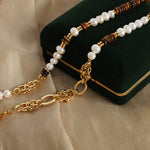 18k gold light luxury retro tiger eye stone with pearl beading design palace style necklace and bracelet set - QH Clothing