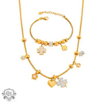 Gold-toned 18K Gold Trendy Fashion Lucky Four Leaf Clover Diamond Design Necklace and Bracelet Set