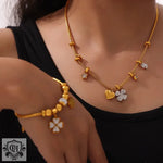 Gold-toned 18K Gold Trendy Fashion Lucky Four Leaf Clover Diamond Design Necklace and Bracelet Set