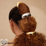 Elegant hair styled with 18K gold double-layer design hair accessories featuring metallic bands