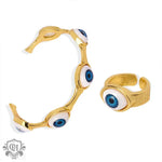 Gold-toned evil eye jewelry set featuring 18K gold hip-hop style ring set