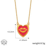 Gold chain necklace with heart-shaped lip pendant in 18K gold and red enamel