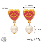 Heart-shaped earrings featuring lip design and pearl drop in 18K gold personality charm