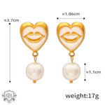 Gold heart earrings with pearl drops from 18K Gold trendy lip pendant necklace set