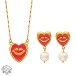 18k gold trendy necklace and earrings set featuring lip pendant and pearl design