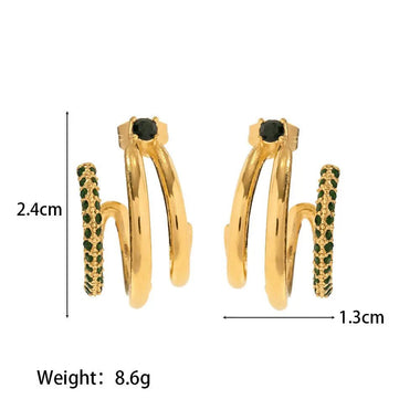 18K Gold Triple Line Green Zirconia Earrings - QH Clothing