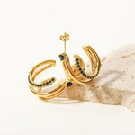 18K Gold Triple Line Green Zirconia Earrings - QH Clothing