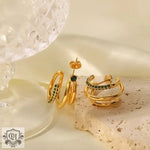 18K Gold Triple Line Green Zirconia Earrings - QH Clothing