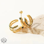 18K Gold Triple Line Green Zirconia Earrings - QH Clothing