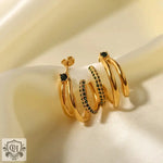 18K Gold Triple Line Green Zirconia Earrings - QH Clothing