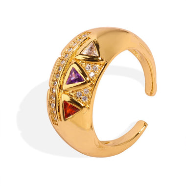 18K gold light luxury retro geometric triangle inlaid zircon open design palace style ring - QH Clothing