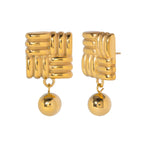 18k gold simple and elegant square knitted texture and ball pendant design earrings - QH Clothing