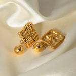 18k gold simple and elegant square knitted texture and ball pendant design earrings - QH Clothing